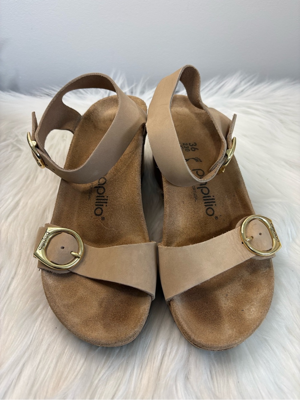 Papillio Women's Nude/Tan Leather Ankle Strap Sandals with Gold Buckles